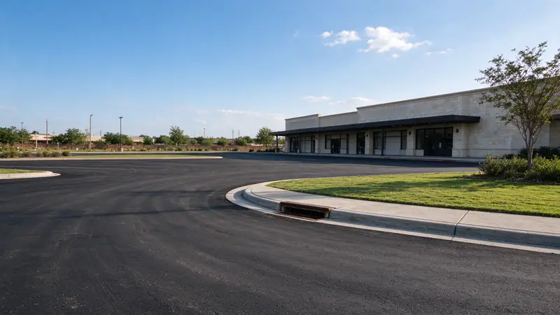 Newly paved asphalt parking lot with curbs and an inlet at a retail center