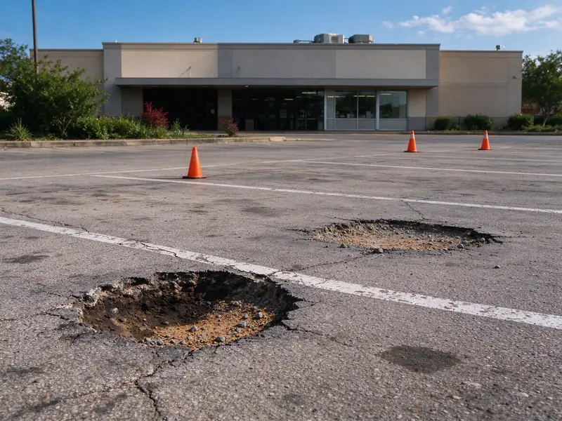 Two potholes between faded stall lines in a retail parking lot, marked with cones
