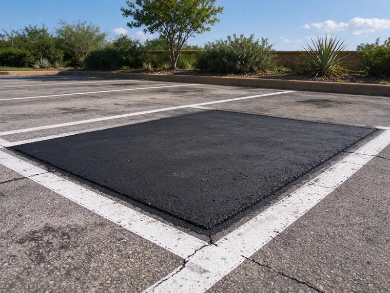 Square-cornered asphalt patch between parking stall lines