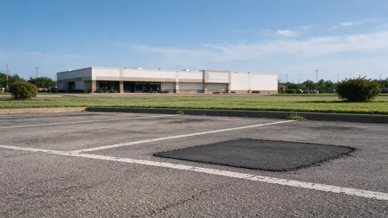 Rectangular asphalt patch between stall lines in a retail parking lot