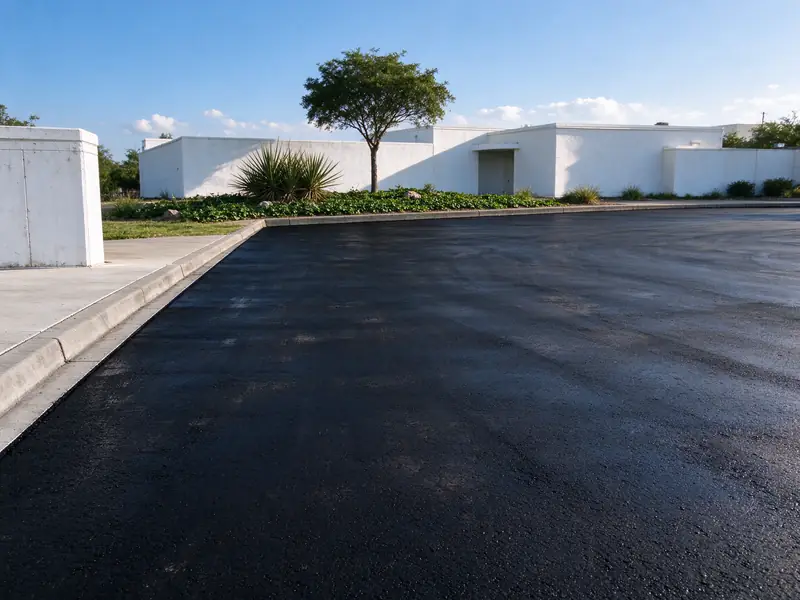 Freshly sealcoated parking area along a curb, not yet striped