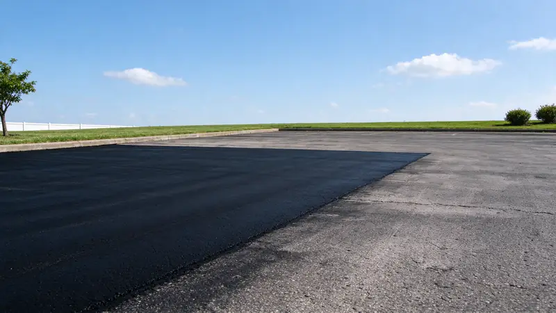 Parking lot half sealcoated, with a straight line between new and old surface
