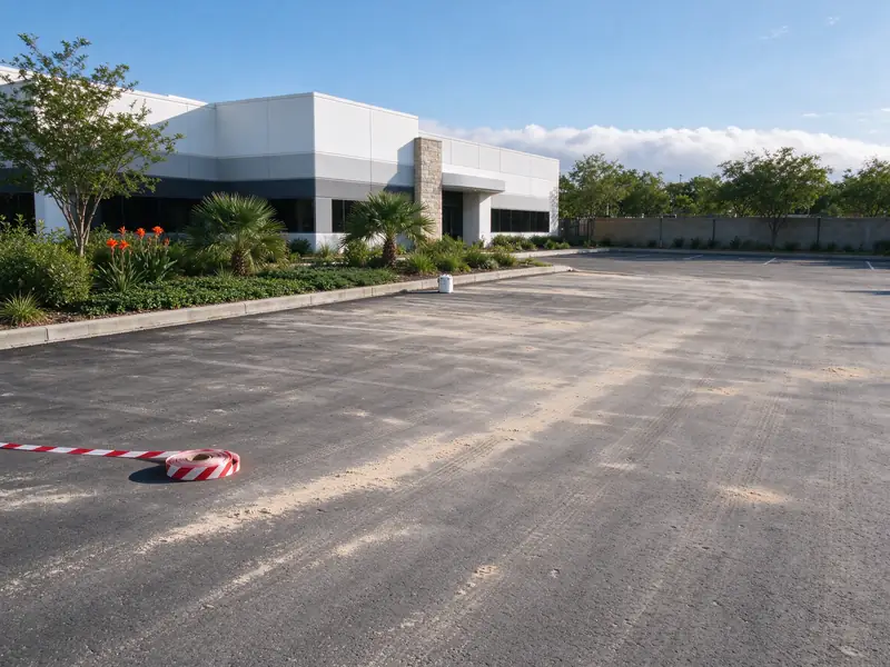 Resurfaced parking lot ready for layout, with a roll of marking tape