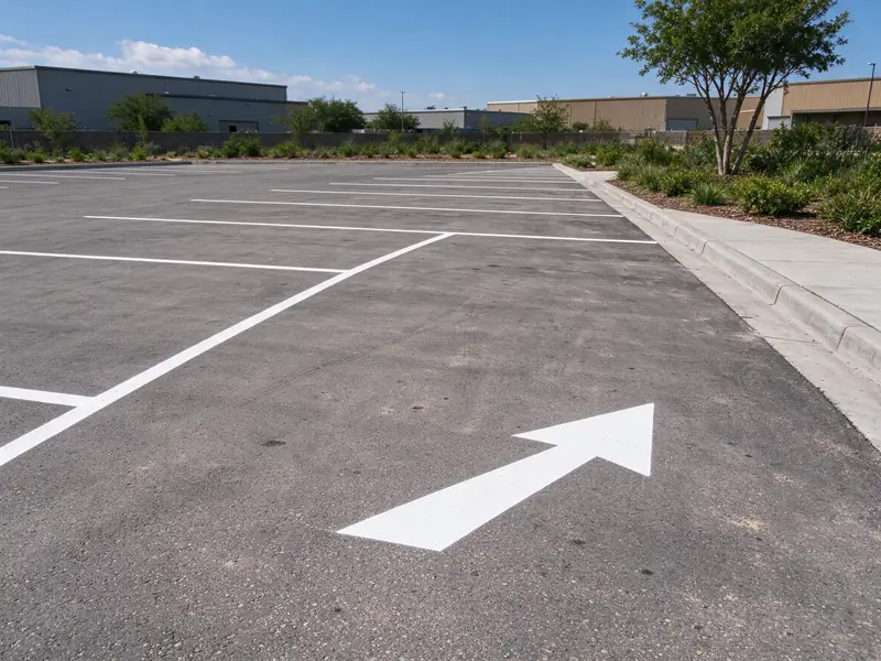 White stall lines and a direction arrow on a parking lot