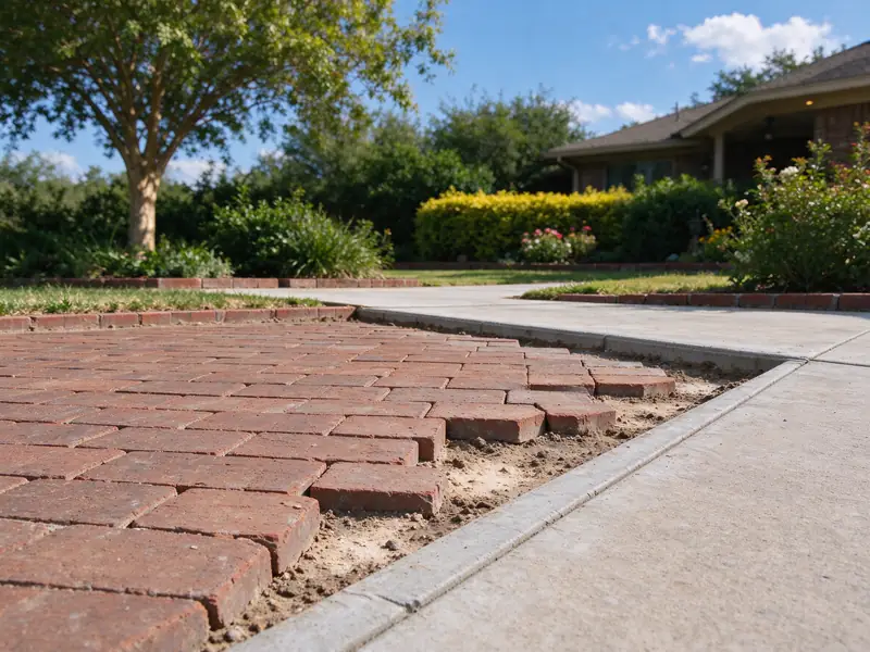 Uneven brick pavers beside a concrete walk and edge restraint