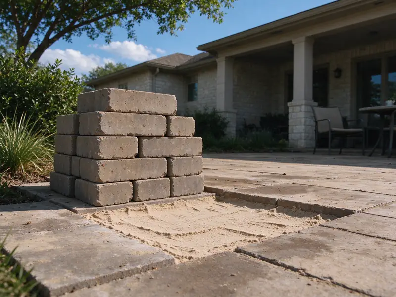 Pavers stacked beside a reset area with the sand bed exposed
