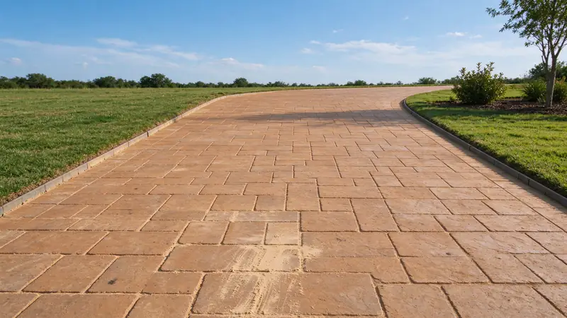 Clay-colored concrete paver driveway with sand swept into the joints