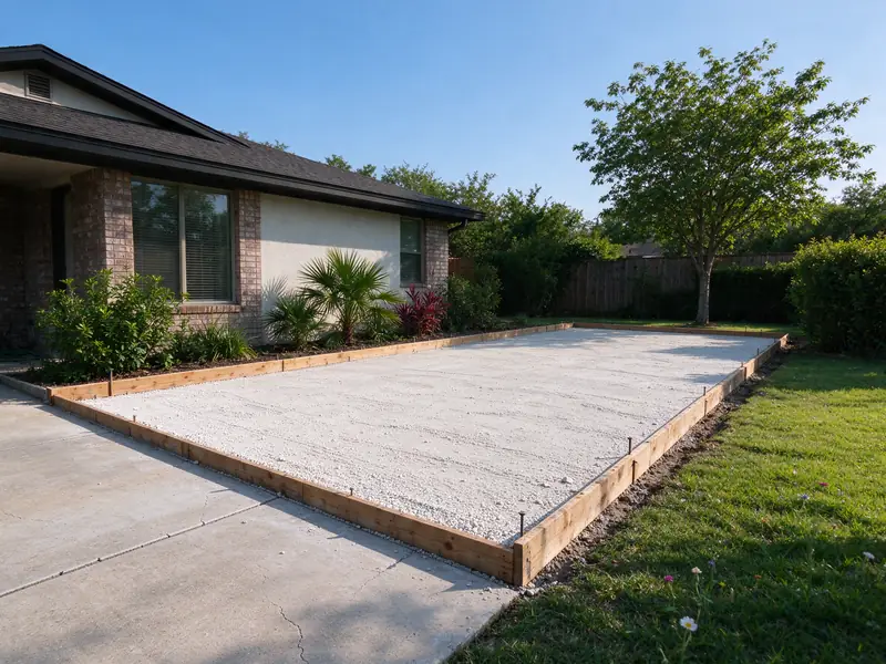 Formed crushed stone base for an RV pad beside a house