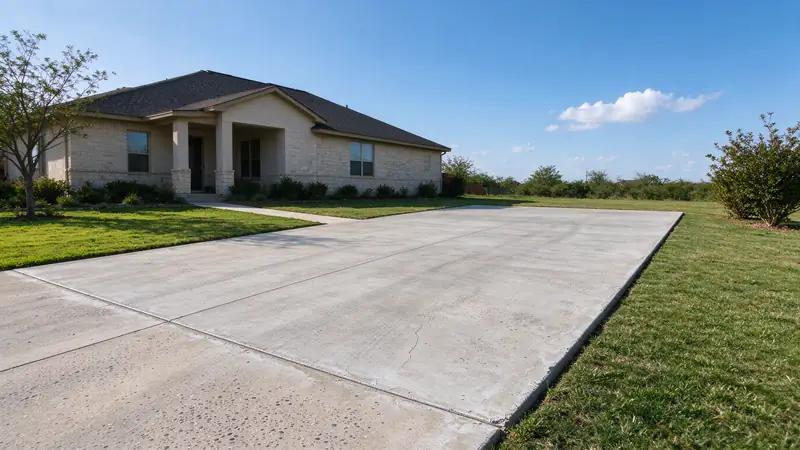 Wide concrete RV pad beside a single-story house