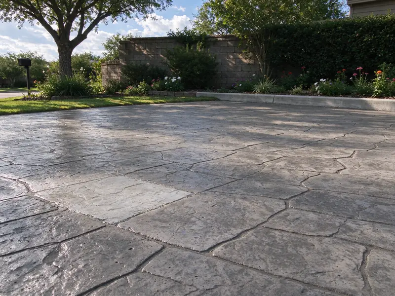 Stamped stone-pattern driveway with one lighter re-stamped section