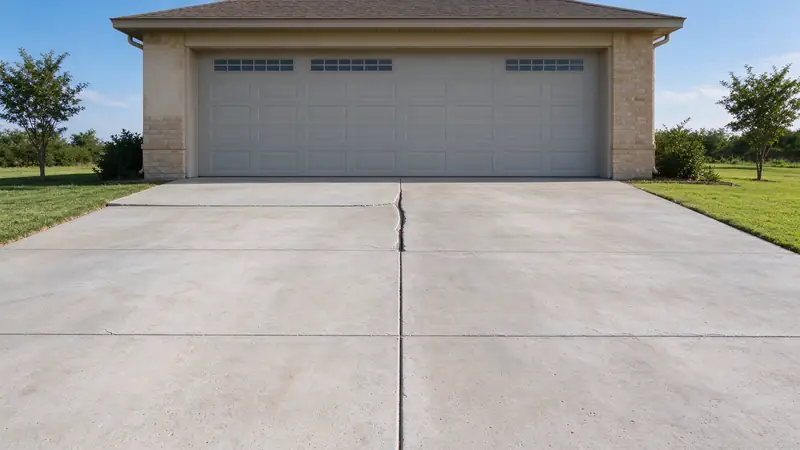 Two-car garage driveway with a crack and a low panel near the door
